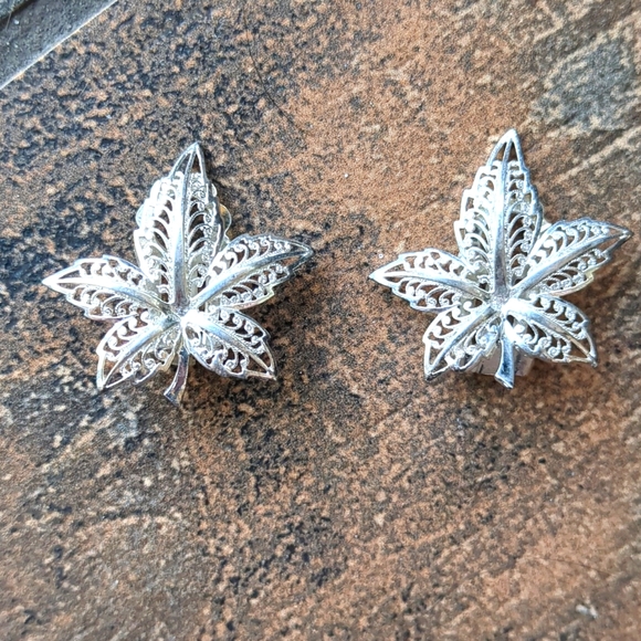 VTG  50's Boho Rate Maple Leaf Sterling Silver Earrings Clip-On Made in Germany - Picture 1 of 9